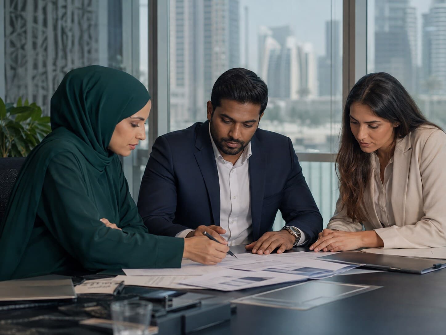 Compliance professionals reviewing business documents together
